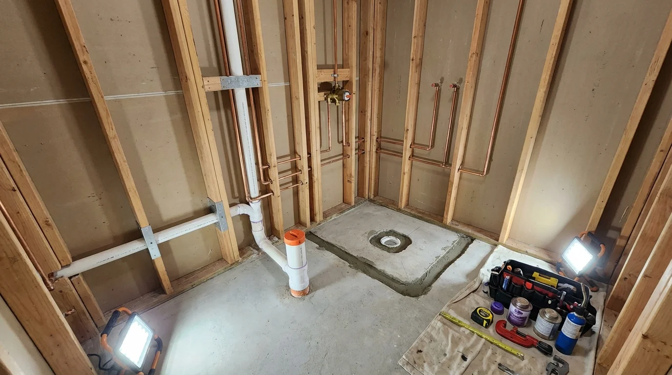 Bathroom rough-in plumbing during remodel by Johns Plumbing LLC in Braselton