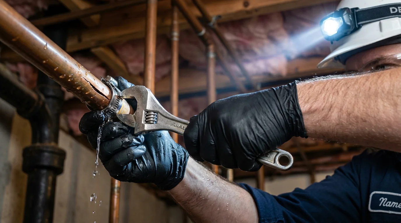 Emergency pipe clamp repair being performed by a Johns Plumbing LLC plumber in Braselton