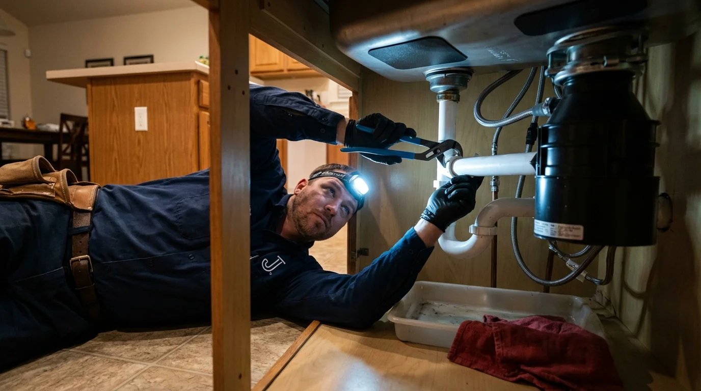 P-trap and supply line connections under a kitchen sink showing a common leak point in Braselton, GA